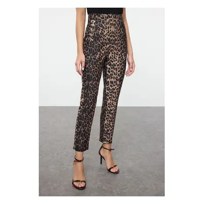 Trendyol Multi-Colored Cigarette Pattern Leopard/Animal Pattern High Waist Ankle Length Woven Tr