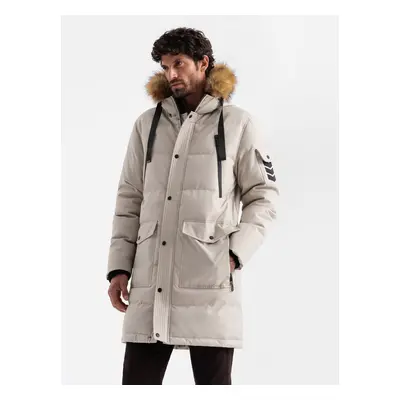 Ombre Men's long warm parka jacket with hood - beige