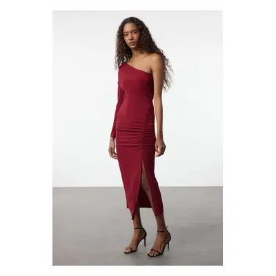 Trendyol Claret Red Plain Maxi Single Sleeve Draped Detail Slit Body-Fits Flexible Knitted Dress