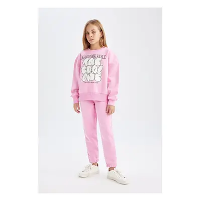 DEFACTO Girl 2-Piece Set Printed Crew Neck Thick Sweatshirt Elastic Waist Jogger Tracksuit Botto