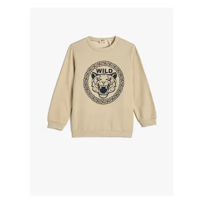 Koton Sweatshirt Tiger Embossed Printed Cardigan Crew Neck