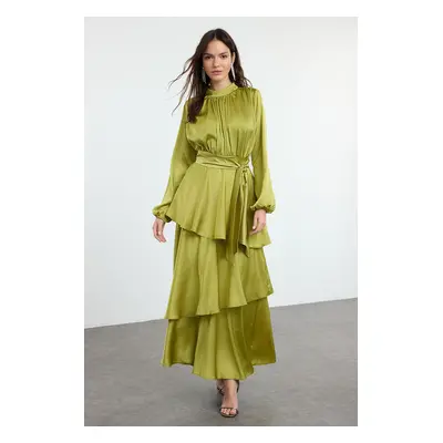 Trendyol Oil Green Layered Satin Woven Evening Dress/Evening Gown