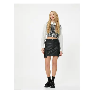 Koton Cargo Faux Leather Mini Skirt With Pocket Standard Waist