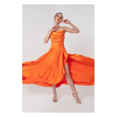 Lafaba Women's Orange Satin Evening &; Prom Dress with Ruffles and a Slit