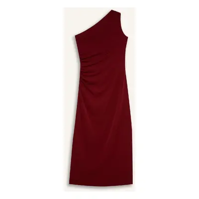 DEFACTO Bodycon Body-hugging Basic Plain One Shoulder Burgundy Midi Dress