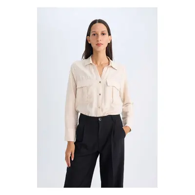 DEFACTO Oversize Shirt Collar Basic Plain Double Pocket Long Sleeve Viscose Shirt