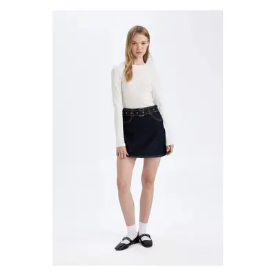 DEFACTO Fashion Fit Faded Effect Pocket Belted Jean Mini Skirt