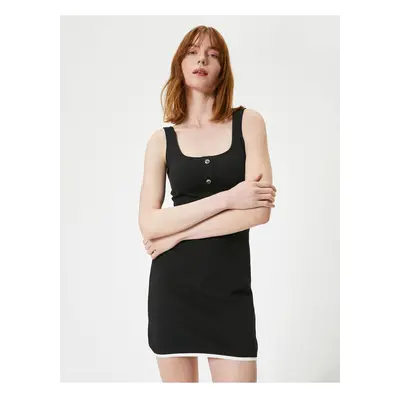 Koton Mini Viscose Dress Thick Straps Buttoned Square Collar