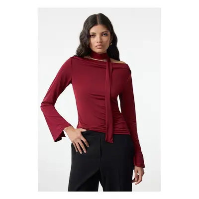 Trendyol Burgundy Shawl Detailed Fitted/Fits on the Body Flexible Knitted Blouse