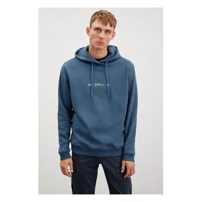 GRIMELANGE Jayan Men's Hooded Fleece Printed Petrol Green Sweatshirt