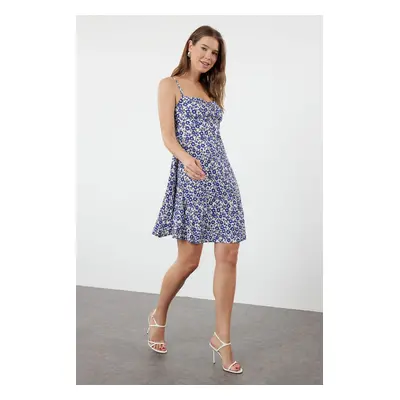 Trendyol Blue Floral Patterned Textured Straps Stretch Detailed Stretch Knitted Mini Dress