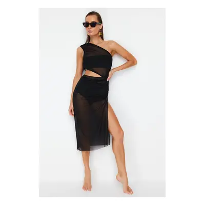 Trendyol Black Fitted Maxi Knitted Cut Out/Window Mesh One-Shoulder Beach Dress