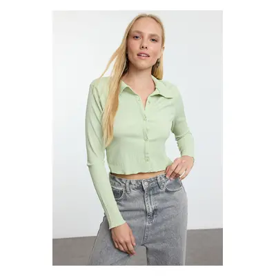 Trendyol Mint Buttoned Fitted Polo Neck Wrap/Textured Crop Knitted Blouse