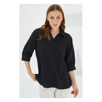 Bigdart Women's Black Shirt Collar Satin Blouse