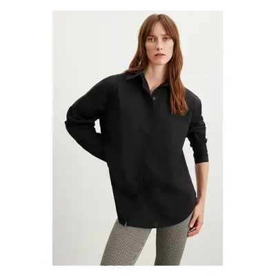 GRIMELANGE Celia Women's 100% Cotton Oversize Single Pocket Long Black Shirt