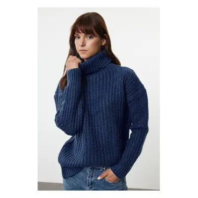 Trendyol Indigo Wide Fit Soft Textured Basic Knitwear Sweater