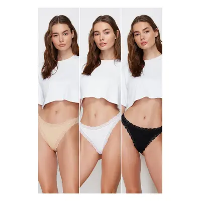 Trendyol Black-White-Skin 3-Pack 100% Cotton Ribbed Lace Detailed String Knitted Panties