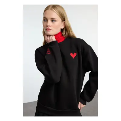 Trendyol Black Embroidered Regular/Normal Fit Thick Inside Fleece Knitted Sweatshirt