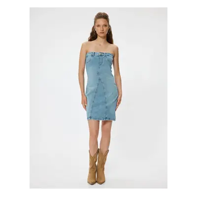 Koton Strapless Denim Dress Mini Sleeveless A Cut Buttoned Stitching Detail Slim Fit