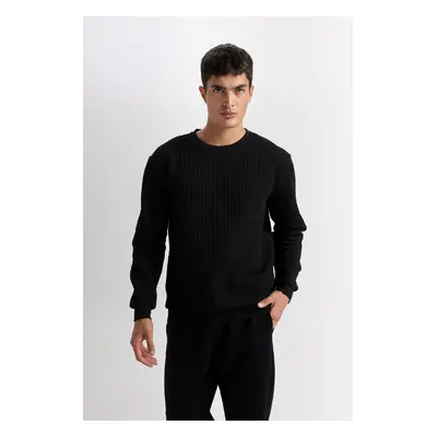 DEFACTO Black Regular Fit Crew Neck Jacquard Sweatshirt