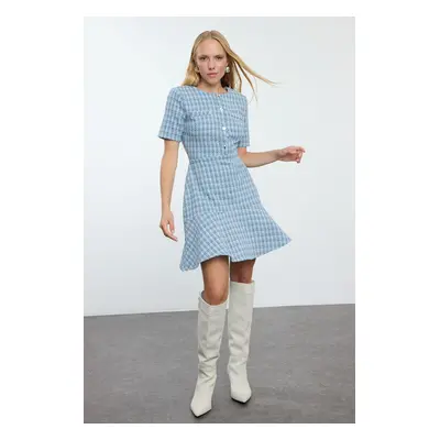 Trendyol Crew Neck Mini Tweed Woven Dress with Indigo Skirt Opening at the Waist