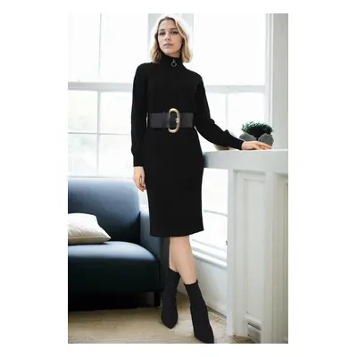 92522 Dewberry Long Knit Women Dress (Belt Not Included)-BLACK