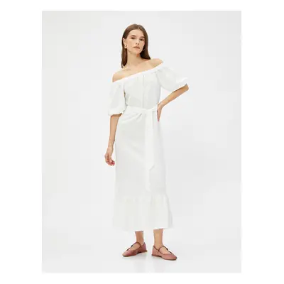 Koton Midi Dress with Open Shoulder and Belt