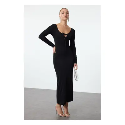 Trendyol Black Body-Styling, Chest-Tie Detailed Knitted Long Elegant Evening & Graduation Dress