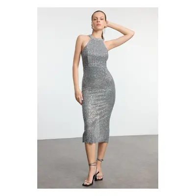 Trendyol Silver Fitted Knitted Lined Shiny Sequin Elegant Evening Dress