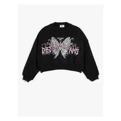 Koton Crop Sweatshirt Butterfly Printed Long Sleeve Crew Neck