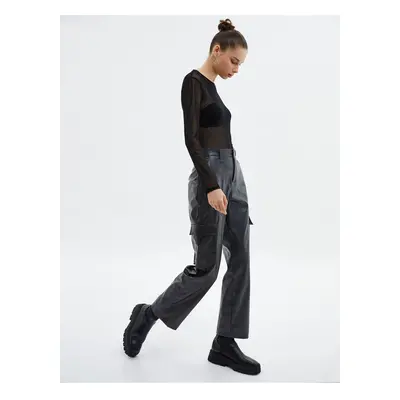 Koton Leather Look Cargo Pants Faded Effect Normal Waist Straight Wide Legs With Pockets.