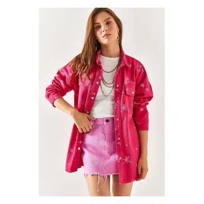 Olalook Women's Fuchsia Embroidered Oversized Cotton Shirt Jacket with Pocket