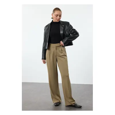 Trendyol Dark Khaki Velcro Closure High Waist Pleated Wide Leg/Wide Cut Trousers