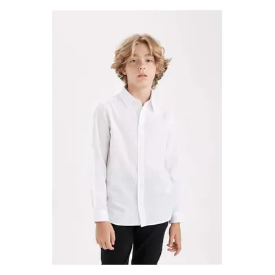 DEFACTO Boy Polo Collar Poplin Long Sleeve Basic Plain White School Shirt