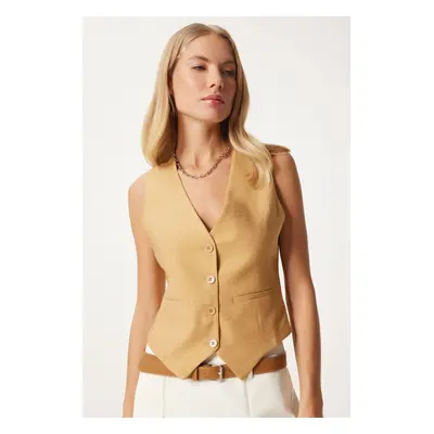 Happiness İstanbul Women's Camel V Neck Stylish Ayrobin Vest