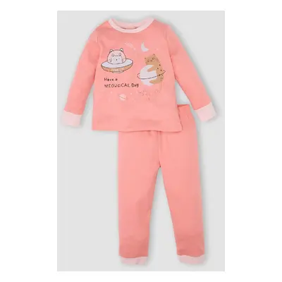 DEFACTO Baby Girl Pajama Set Crew Neck Printed Long Sleeve Top Elastic Waist Bottom