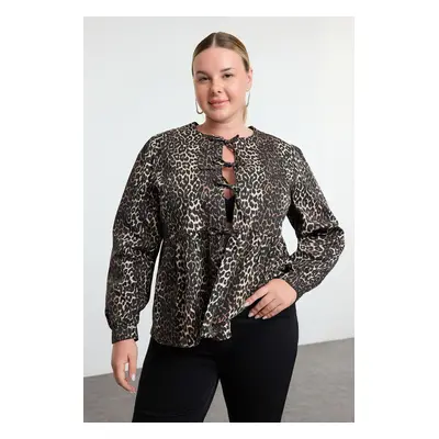 Trendyol Curve Brown Animal Patterned Front Tie Detail Plus Size Denim Shirt