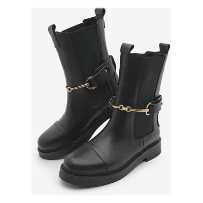 Marjin Women's Genuine Leather Casual Boots With Elastic Side Straps, Gold Chain Buckle Lorve bl