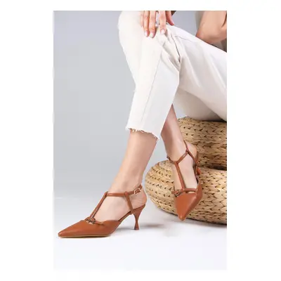 Mio Gusto Women's Tan Open Back Strap Heeled Shoes