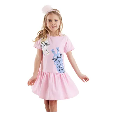 Denokids Girl's Pink Summer Combed Cotton Dress with Leopard Skirt Gathered