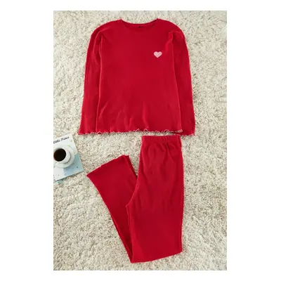 Trendyol Curve Red Ribbed Printed Knitted Pajama Set