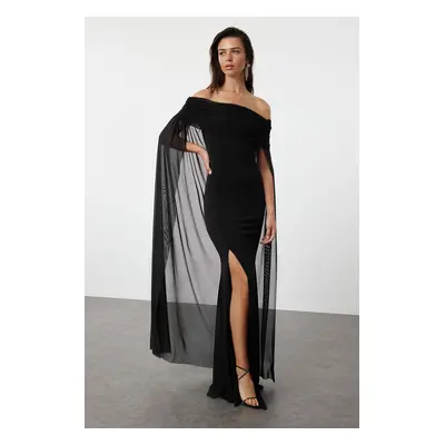 Trendyol Black Knitted Tulle Cape Detail Elegant Long Evening Dress