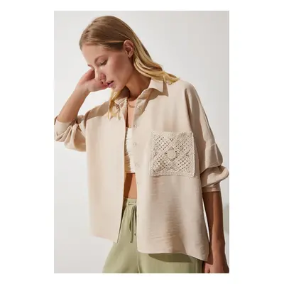 Happiness İstanbul Women's Dark Beige Lace Detailed Linen Shirt