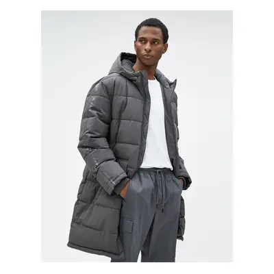 Koton Long Coat Anorak Hooded Pocket Stripe Printed