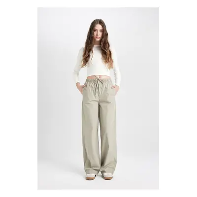 DEFACTO Cool Straight Fit Poplin Trousers Basic Plain Pocket Elastic Waist Tie