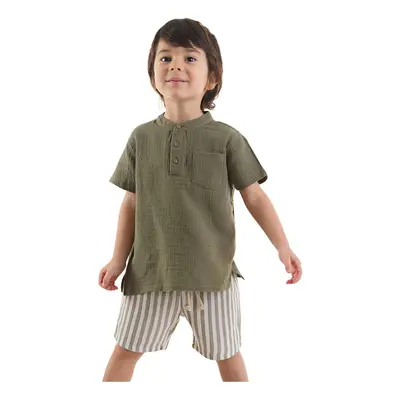 Denokids Baby Boy Kid Green Summer Muslin Striped Shorts Shirt Set