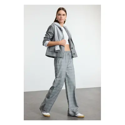 Trendyol Grey Plaid Elastic Waist Wide Leg/Wide Leg Woven Trousers