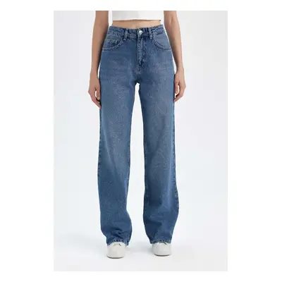 DEFACTO Straight Wide High Waist Long Jean Washed Trousers