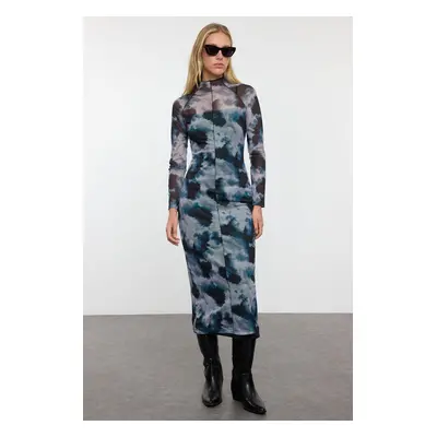 Trendyol Black Abstract Printed Tulle Piping Detailed Fitted/Fits-A-Body Knitted Dress