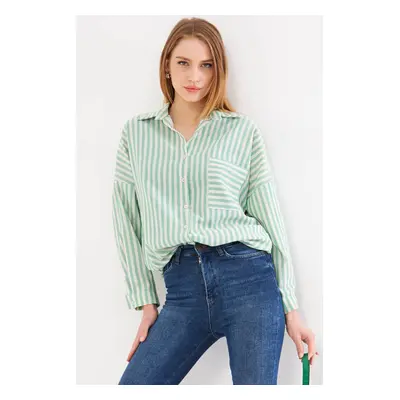 armonika Women's Green Striped Long Sleeve Pocket Detailed Pleated Oversize Shirt